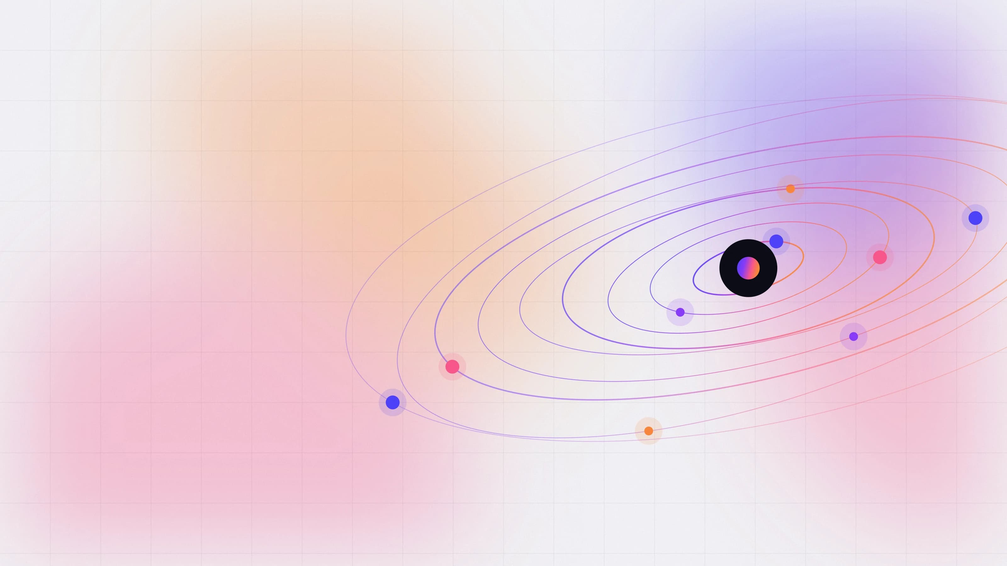 Concentric gradient orbits with glowing nodes on a soft pink and peach background