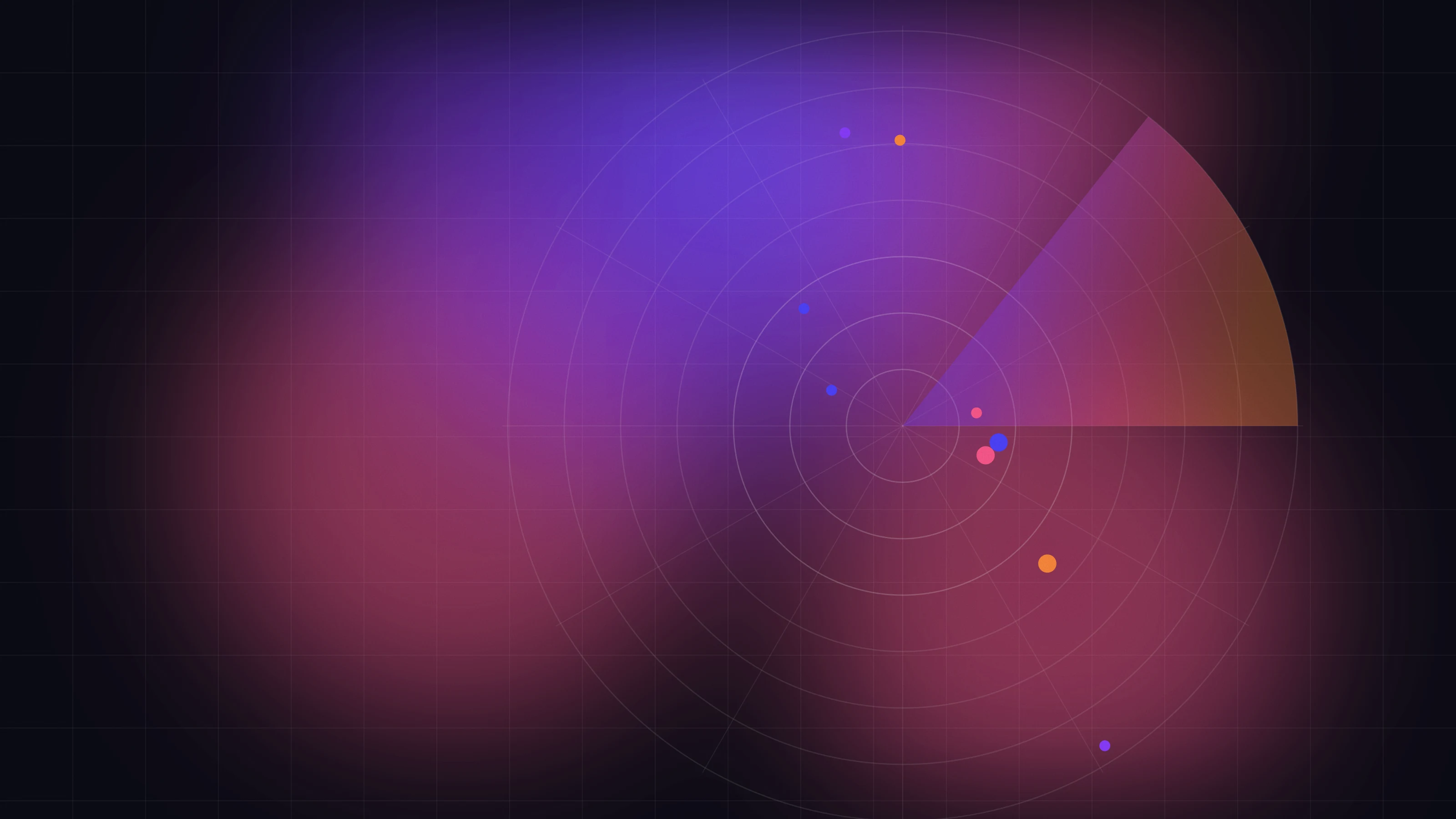 A radar sweep in brand gradient over a dark field with scattered signal points